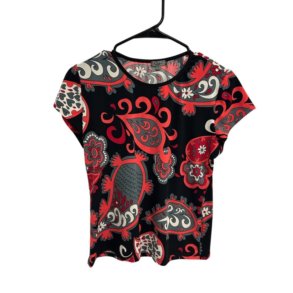 Caia Black Red Gray Lightweight Paisley Short Sleeve Stretchy Top SZ L Boho Chic